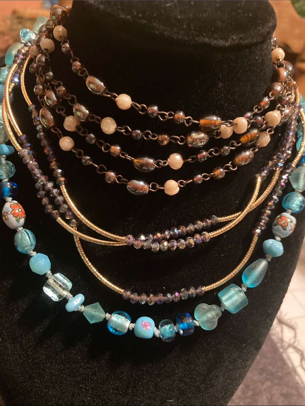 3 Layered Blue and Gold Tone Glitz & Glitter Beaded Statement Necklaces